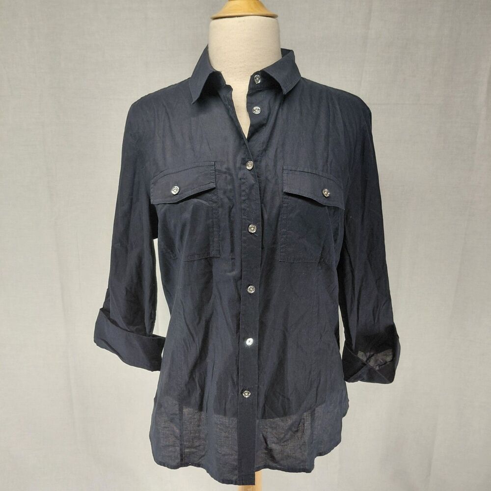 Michael Kors Button-up Rolled Sleeve Blouse Navy Silver Buttons Sz XL - Picture 2 of 9